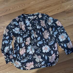 LOFT Navy Floral Blouse with Pink and Blue Accents